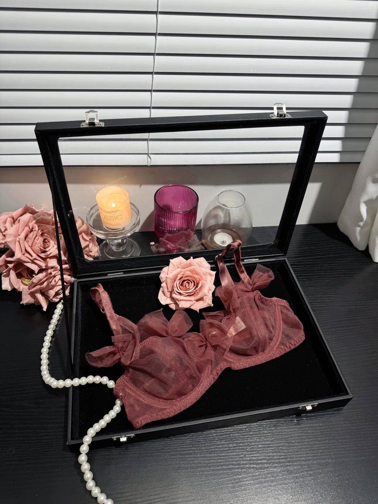 Mesh Rose Bow Bra & Panty Set