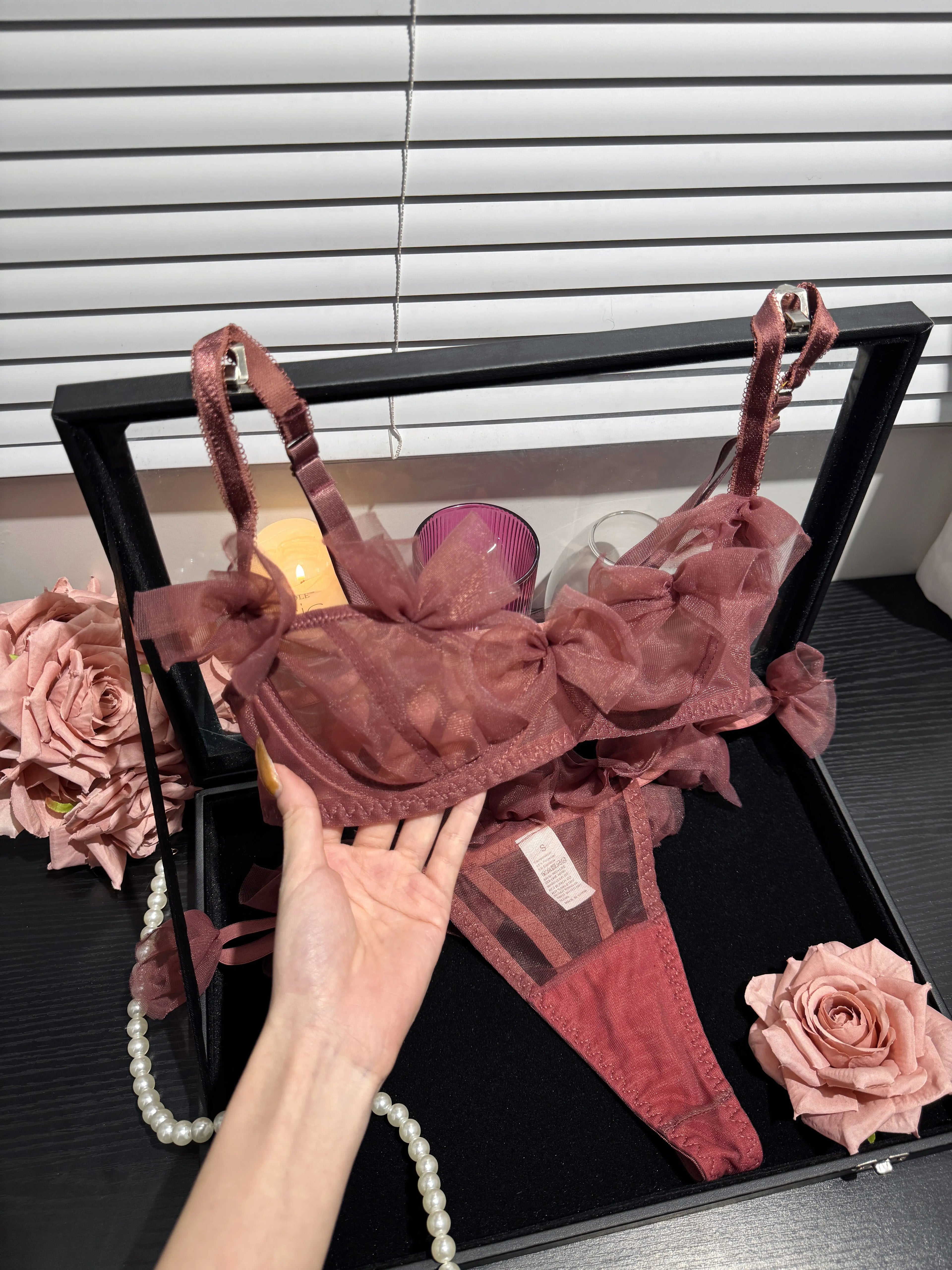 Mesh Rose Bow Bra & Panty Set